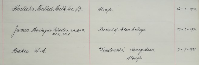Entry for M. R. James in the Penn-Gray Society membership book, dated 27th March 1931. Reproduced with kind permission of the Stoke Poges Society.