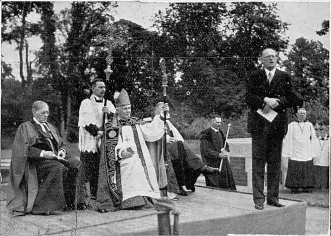 Photograph from the dedication ceremony of the Stoke Poges Memorial Gardens, 25th May 1935. M. R. James can be seen on the far left.