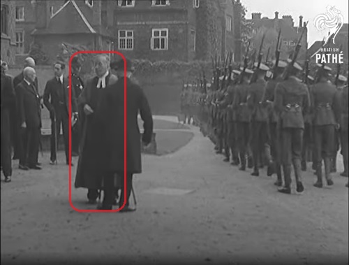 Screenshot from "H.R.H. The Duke of Connaught at Eton (1934)", with M. R. James highlighted.