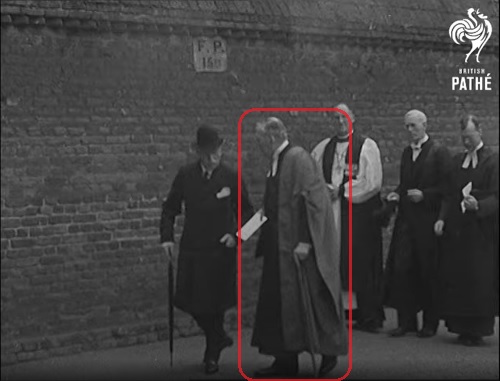 Screenshot from "H.R.H. The Duke of Connaught at Eton (1934)", with M. R. James highlighted.